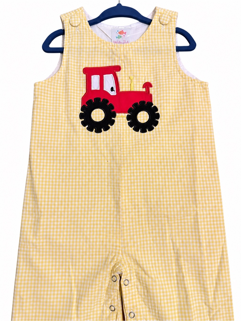 Yellow Gingham Kids One-Piece with Red Tractor Applique